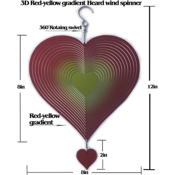Spinner Red-Yellow Gradient Love Heart | 3D Metal Hanging Wind 8"W x 8"H - Picture 6 of 8